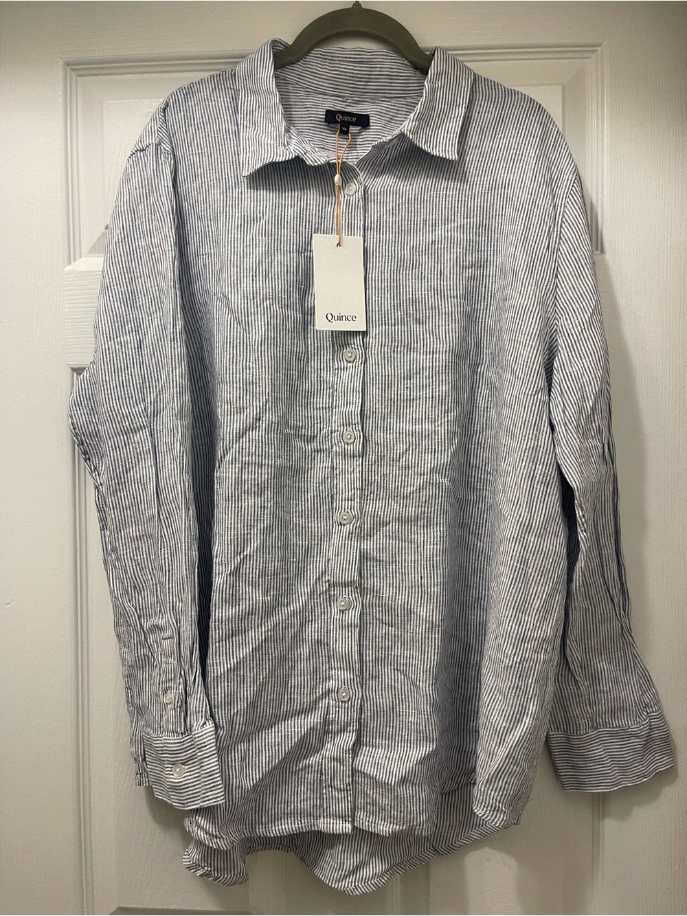 NWT Quince 100% European Linen Long Sleeve Shirt Blue Stripe XL